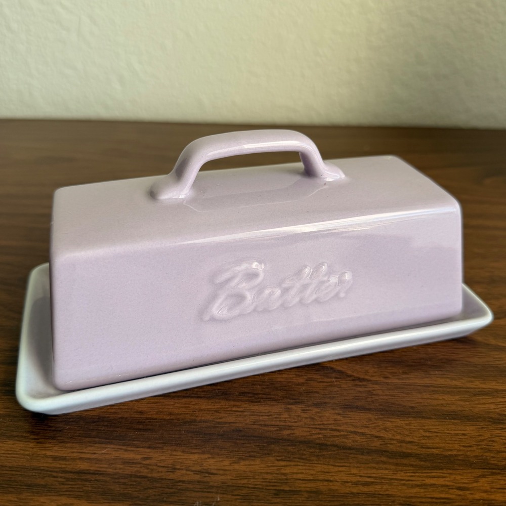 Bruntmor Lidded Ceramic Butter Dish Embossed Purple Lavender Glaze Top‎ Handle